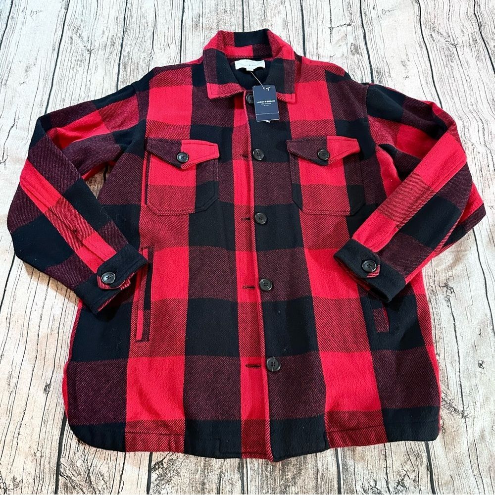 NWT Lucky Brand Red and Black Plaid Tunic Length Shacket Size Small